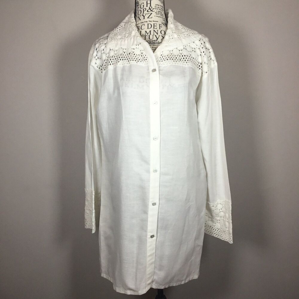 Long vintage cotton tunic top crochet collar sleeves gauzy button down L/XL